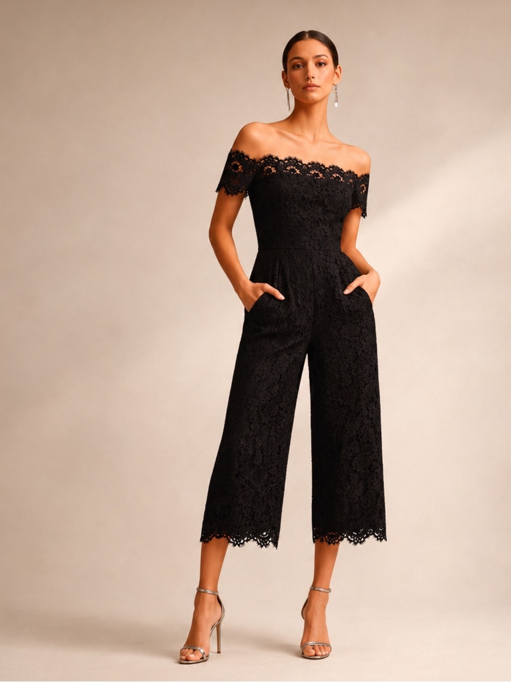 Whistles Off-Shoulder Lace Wide-Leg Jumpsuit Elegant Black Cocktail Sz 8 NWT
